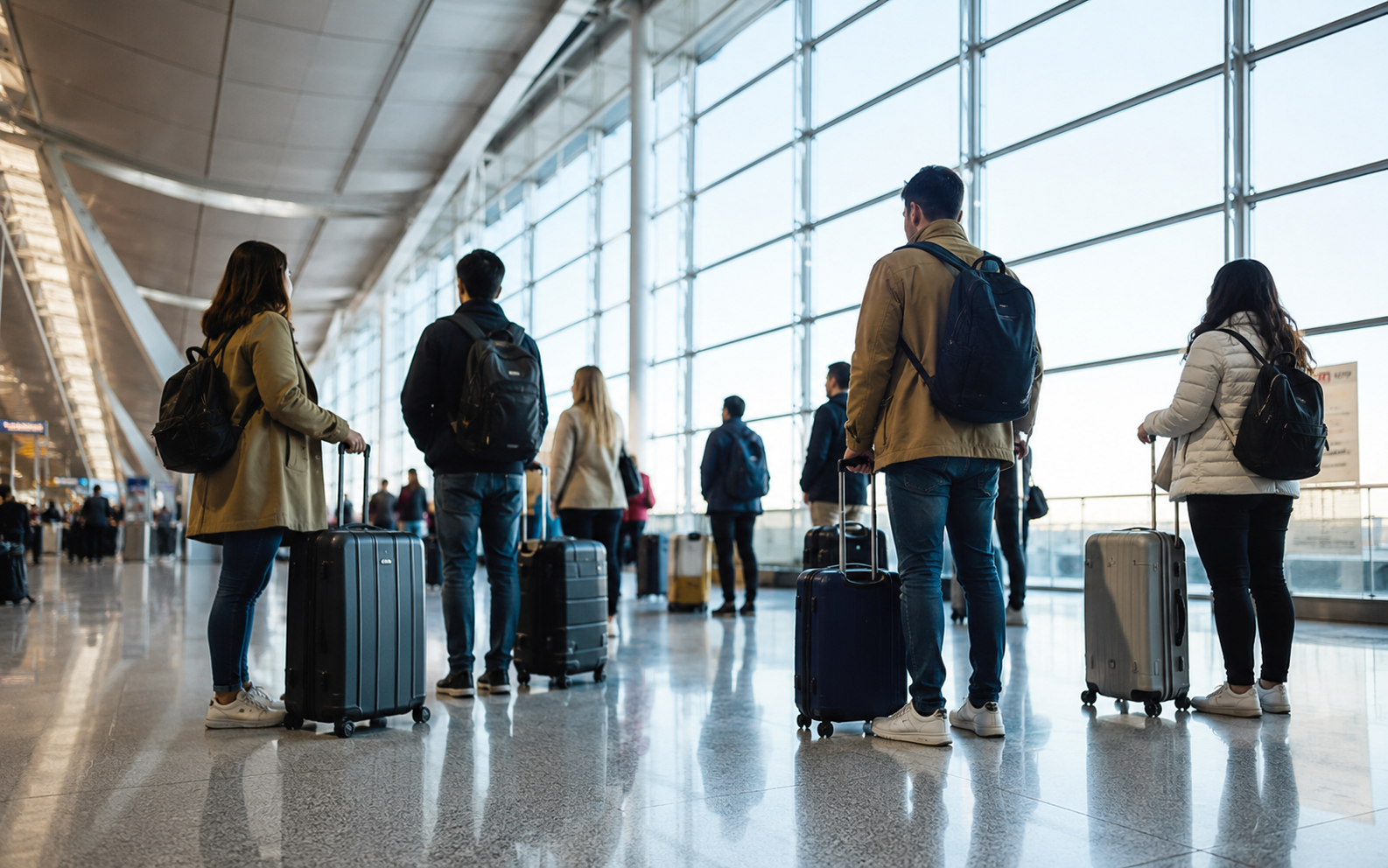 pasajeros con maletas esperando en una terminal de aeropuerto