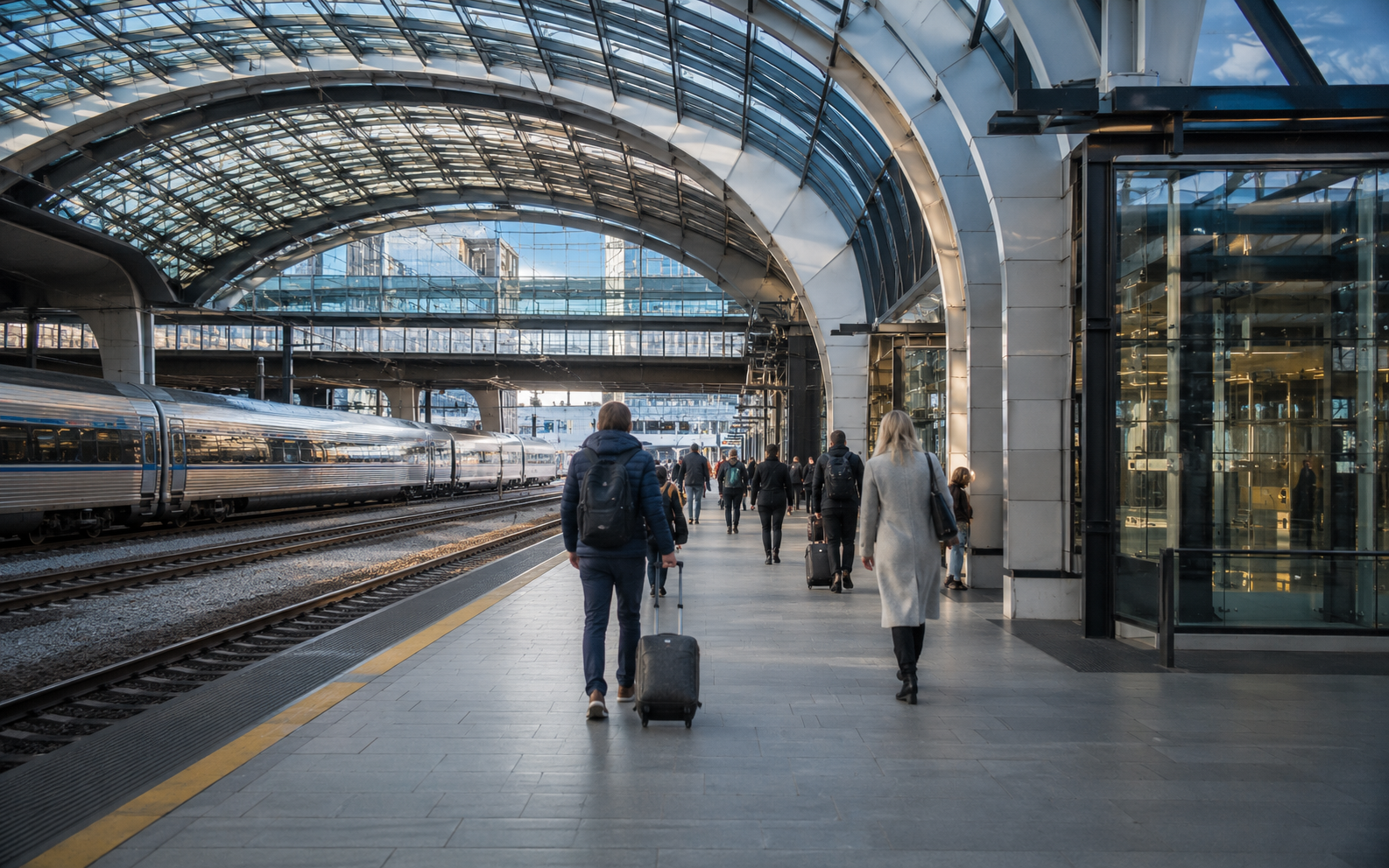 Interior de la estación de tren Oslo Sentralstasjon con viajeros y andenes