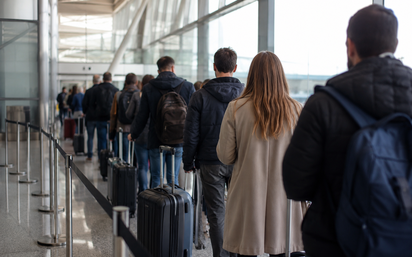 pasajeros haciendo cola para embarcar con sus maletas de cabina en el aeropuerto