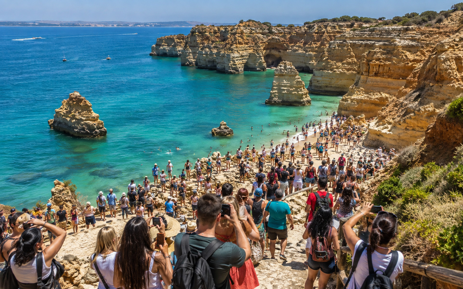 playa con acantilados llena de turistas haciéndose fotos junto a la orilla