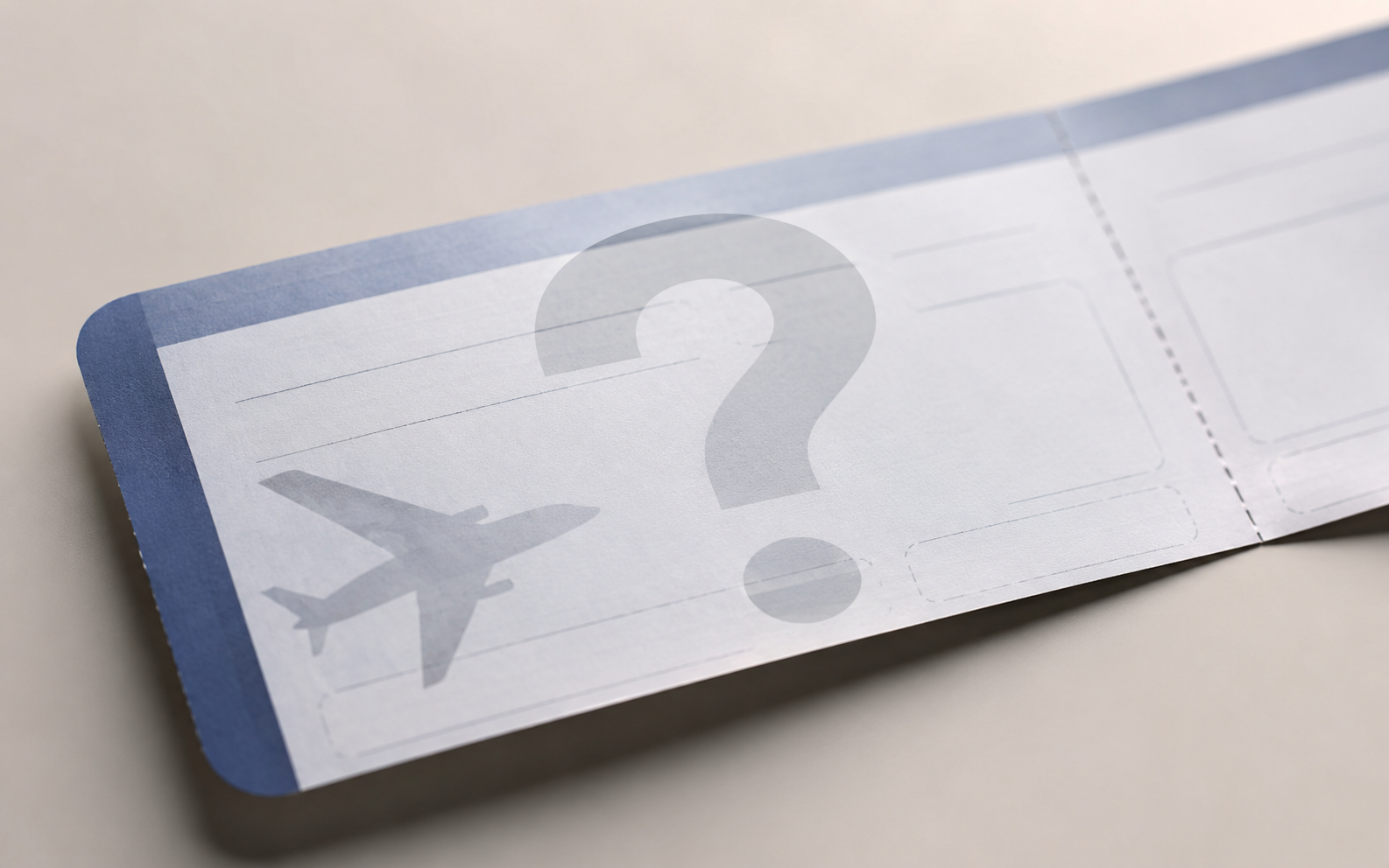 billete de avión con un signo de interrogación superpuesto, símbolo de incertidumbre