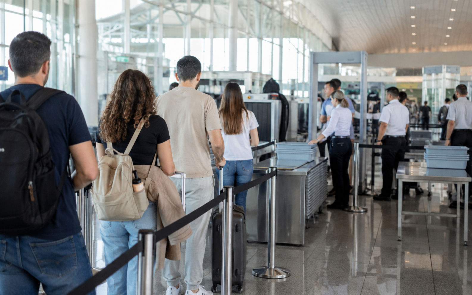 pasajeros haciendo cola en el control de un aeropuerto español moderno