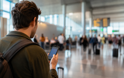 pasajero consultando el estado de su vuelo en el movil en un aeropuerto