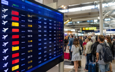Pantalla de salidas de un aeropuerto mostrando vuelos cancelados y retrasados