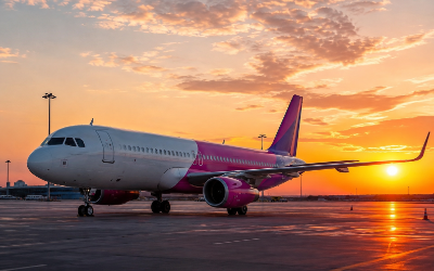 aeropuerto con avión de la aerolínea Wizz Air en la pista al atardecer