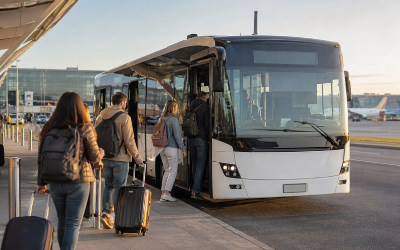 autobús de conexión aeropuerto-ciudad en la parada de una terminal