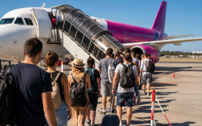 fila de pasajeros embarcando en un vuelo low cost en un aeropuerto español
