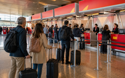 mostrador de facturación de una aerolínea española con pasajeros y maletas de cabina