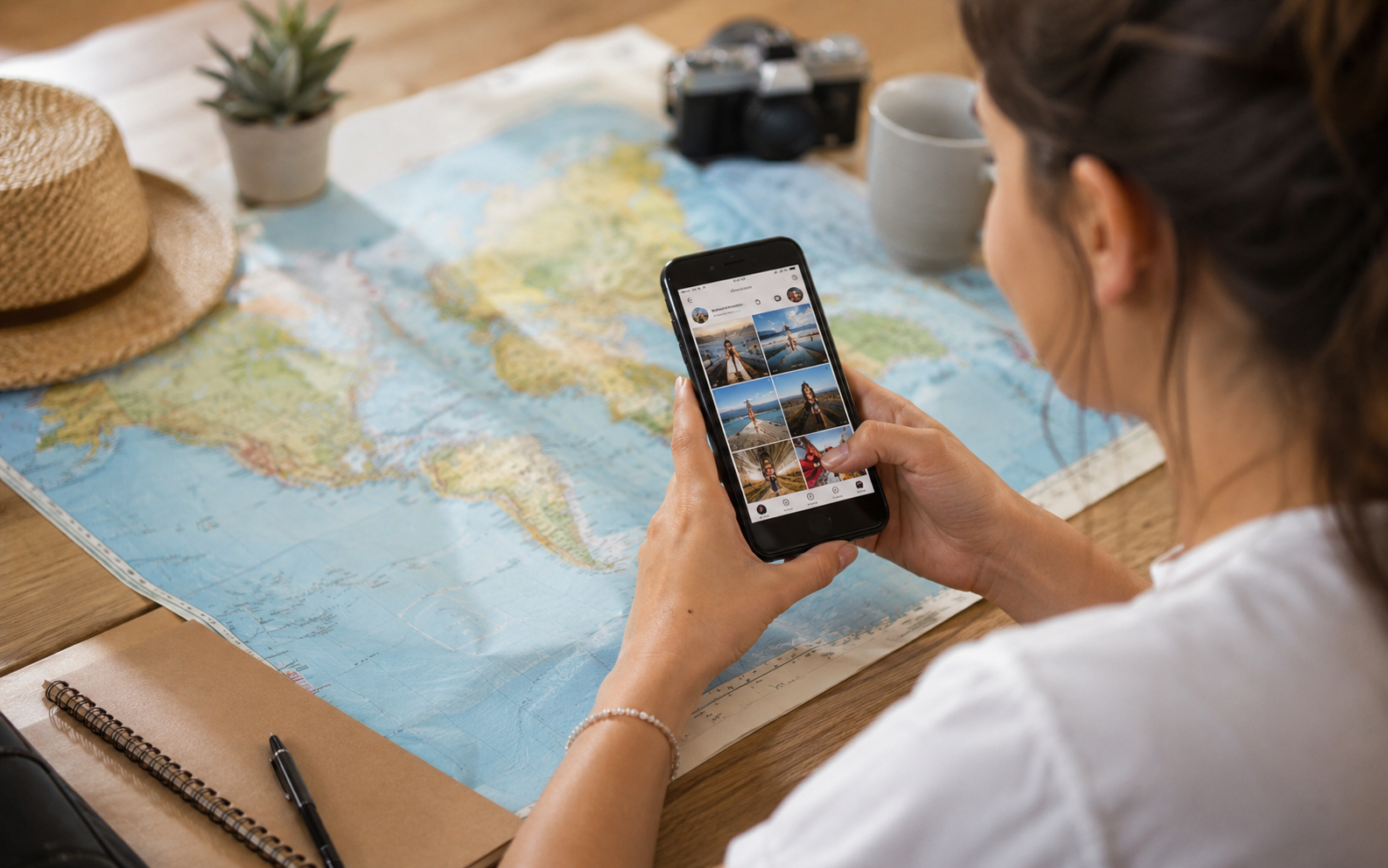 joven consultando Instagram en el móvil con un mapa de viaje de fondo