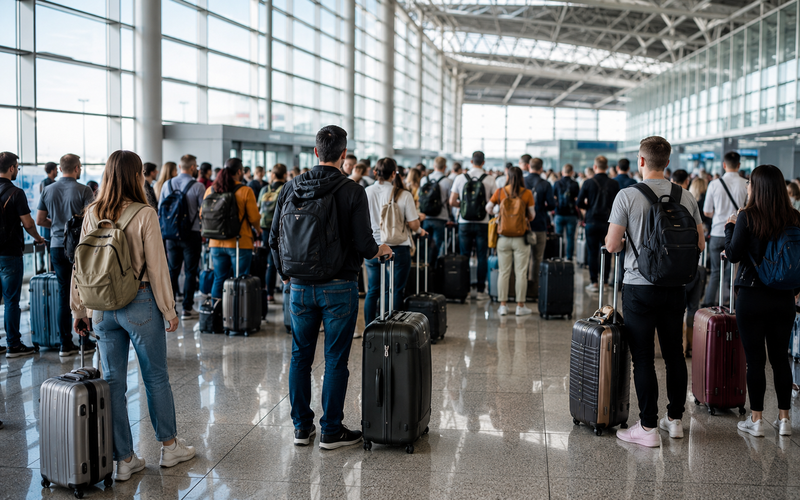 pasajeros con maletas en la terminal de un aeropuerto