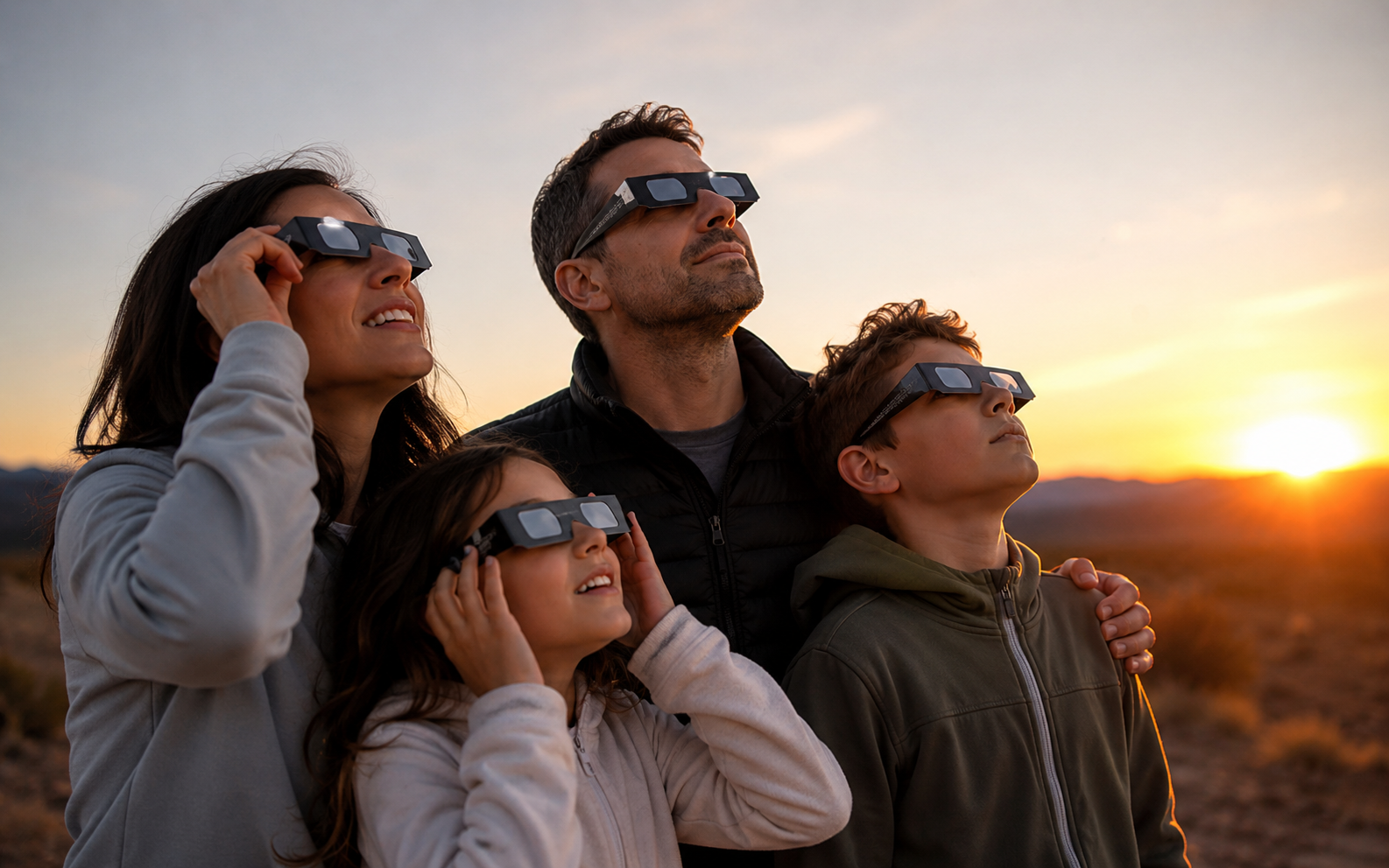 familia usando gafas homologadas para observar un eclipse solar