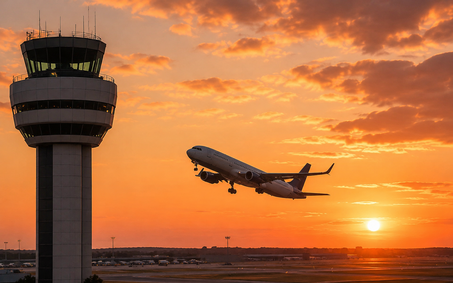 torre de control y avión comercial despegando al atardecer en un aeropuerto europeo
