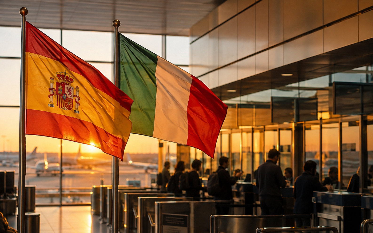 banderas de España e Italia junto a un control fronterizo en un aeropuerto