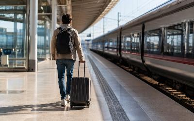 pasajero con maleta caminando por el andén de una estación de tren de aeropuerto