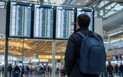 Pasajero consultando el panel de salidas en un aeropuerto