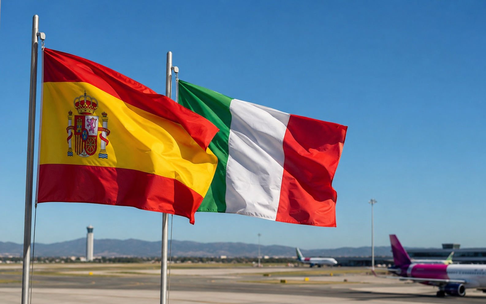 Bandera de España e Italia con control de fronteras en un aeropuerto