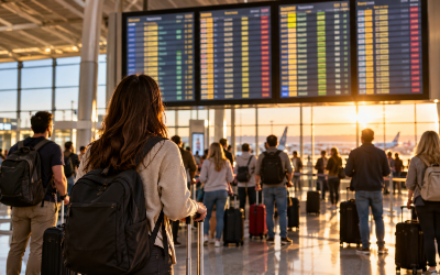 panel de salidas de aeropuerto con viajeros esperando con maletas