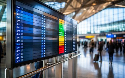 pantalla de un aeropuerto mostrando precios bajos de vuelos