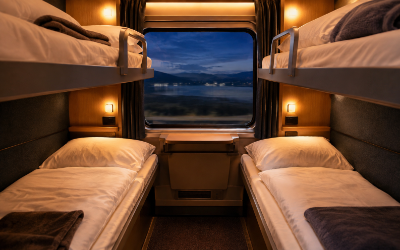 interior confortable de un compartimento privado de tren nocturno con literas hechas y luz cálida