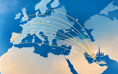 mapa de Europa con líneas de conexión hacia Dubái y Abu Dabi