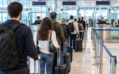 cola de pasajeros en el control fronterizo de un aeropuerto