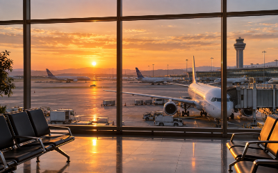 pantalla de salidas de un aeropuerto con varios aviones al fondo al amanecer