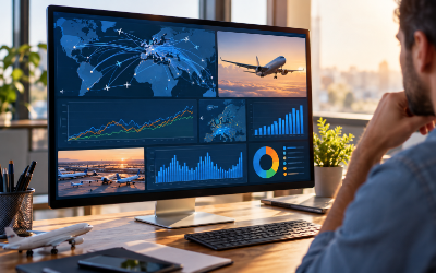 Pantalla de ordenador mostrando gráficos de precios de vuelos y análisis de datos en tiempo real