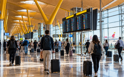 Terminal del aeropuerto de Madrid-Barajas con pasajeros y paneles de salidas sin texto legible