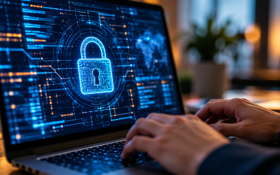 Primer plano de una pantalla de ordenador mostrando un icono de candado y líneas de código, representando ciberseguridad