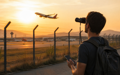 aficionado a la aviación observando despegues con prismáticos y el móvil en la mano junto a la valla de un aeropuerto