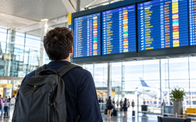 pasajero consultando el panel de salidas en un aeropuerto