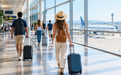 pasajeros con maletas caminando tranquilos por una terminal de aeropuerto, luz natural, ambiente de verano