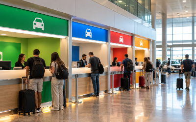 Mostradores de alquiler de coches en una terminal de aeropuerto