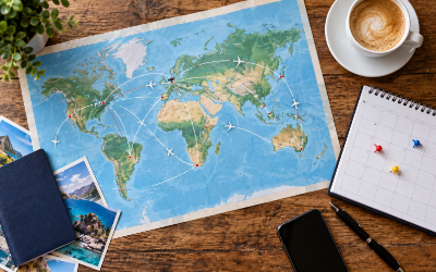 mapa de rutas aéreas sobre una mesa con un calendario y una taza de café