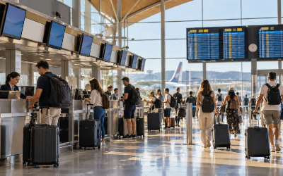 Terminal del aeropuerto de Zaragoza con viajeros facturando maletas