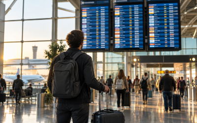 Pasajero mirando la pantalla de salidas en un aeropuerto con maletas de viaje