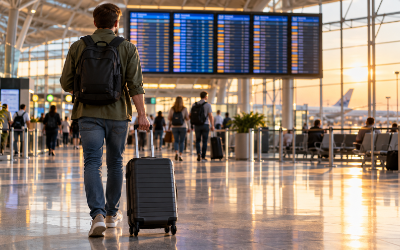Pasajero con maleta de mano caminando por una terminal de aeropuerto frente al panel de salidas