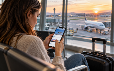 Persona joven consultando el precio de un vuelo en el móvil, sentada en la sala de espera de un aeropuerto