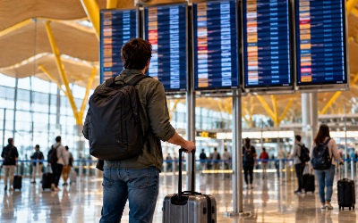 Viajero con maleta de cabina mirando el panel de salidas de un aeropuerto español