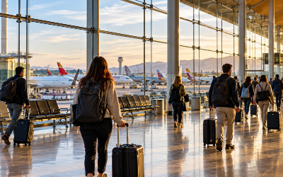 Viajeros caminando por la terminal de un aeropuerto español con aviones visibles al fondo
