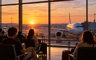 pasajeros esperando en la zona de embarque de un aeropuerto con un avión visible tras el cristal